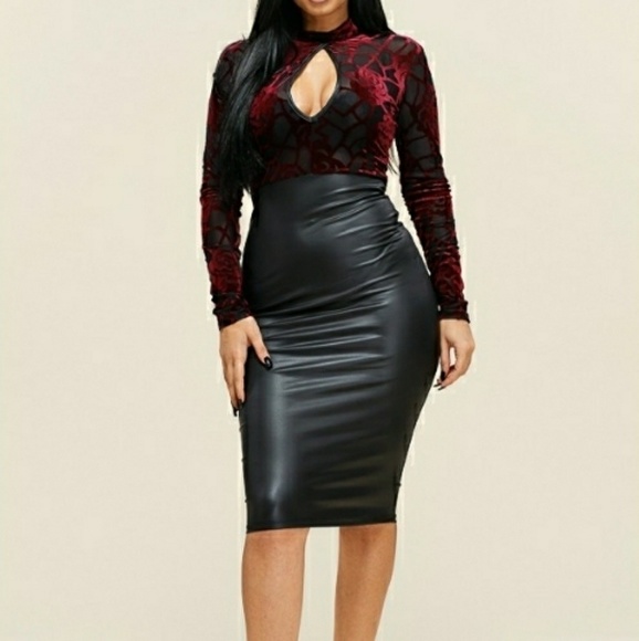 Long Sleeve Mock BurnOut Velvet Bodice Dress - Picture 3 of 7